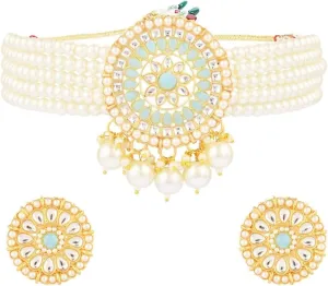 Efulgenz Indian Jewelry Sets for Women Faux Pearl Wedding Bridal Crystal Kundan Beaded Traditional Choker Necklace Multi Layered Big Round Stud Earrings for Women