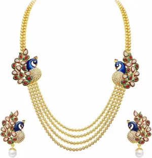 Efulgenz Indian Jewelry Sets for Women Temple Necklace Bollywood Multi Layered Traditional Beaded Wedding Crystal Peacock Necklace Earrings Set