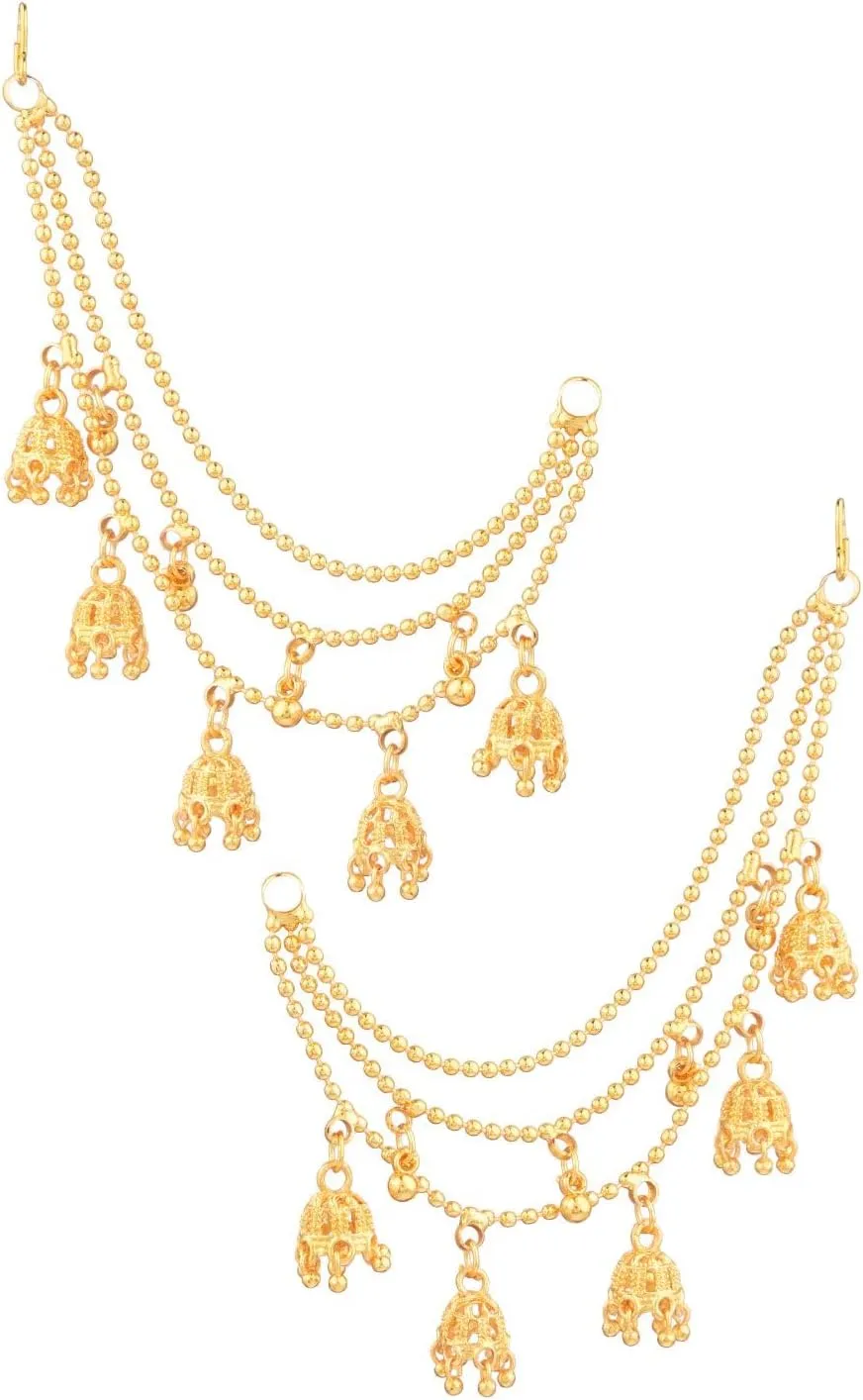 Efulgenz Indian Traditional Ear Chains Earrings for Women Bridal Jewelry for Wedding Gold Tone Layered Jhumki Tassels Charms Ear Support Chain Hair Accessory
