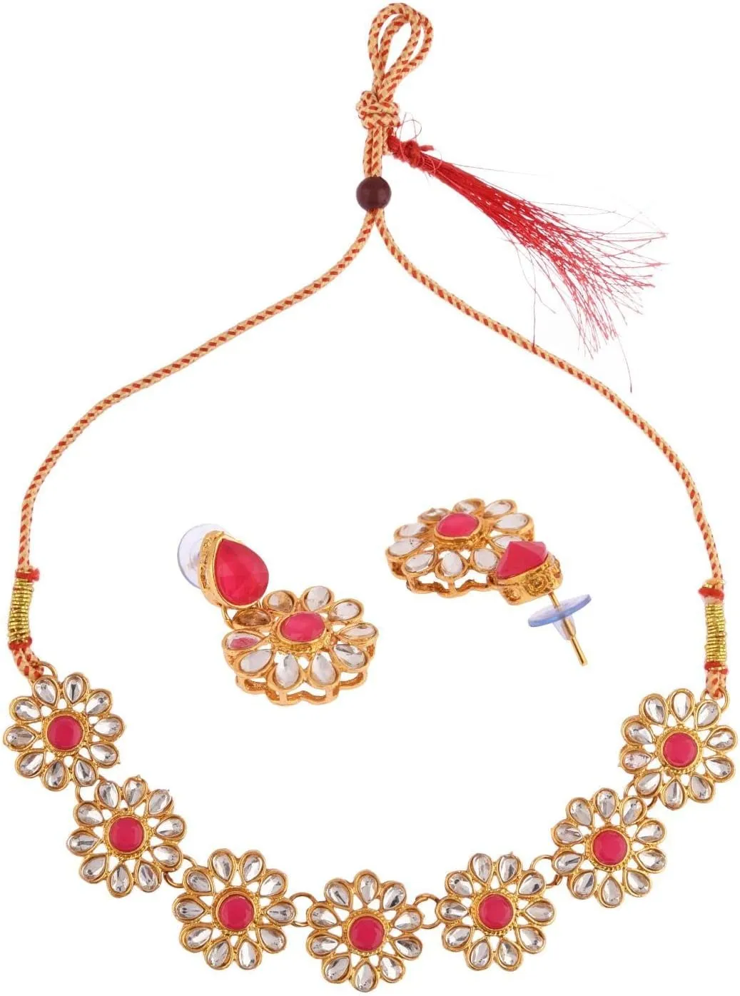 Efulgenz Kundan Choker Necklace Indian Jewelry Sets for Women Bollywood Jewelry Choker Kundan Floral Crystal Necklace Earrings Wedding Bridal Jewelry Set