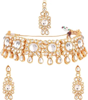 Efulgenz Kundan Set Indian Jewelry Sets for Women Bollywood Jewelry Kundan Crystal Choker Necklace Dangle Earrings Maang Tikka Head Chain Wedding Bridal Jewelry for Women