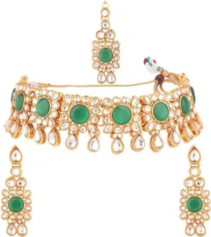 Efulgenz Kundan Set Indian Jewelry Sets for Women Bollywood Jewelry Kundan Crystal Choker Necklace Dangle Earrings Maang Tikka Head Chain Wedding Bridal Jewelry for Women