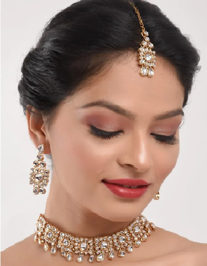 Efulgenz Kundan Set Indian Jewelry Sets for Women Bollywood Jewelry Kundan Crystal Choker Necklace Dangle Earrings Maang Tikka Head Chain Wedding Bridal Jewelry for Women