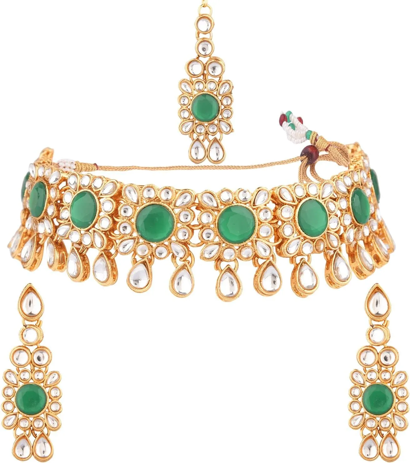 Efulgenz Kundan Set Indian Jewelry Sets for Women Bollywood Jewelry Kundan Crystal Choker Necklace Dangle Earrings Maang Tikka Head Chain Wedding Bridal Jewelry for Women
