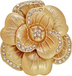 Elegancy Gold Metallic Bloom Camellia Flower Brooch Pin with Crystal Accents  Elegant Vintage Jewelry for Special Occasions