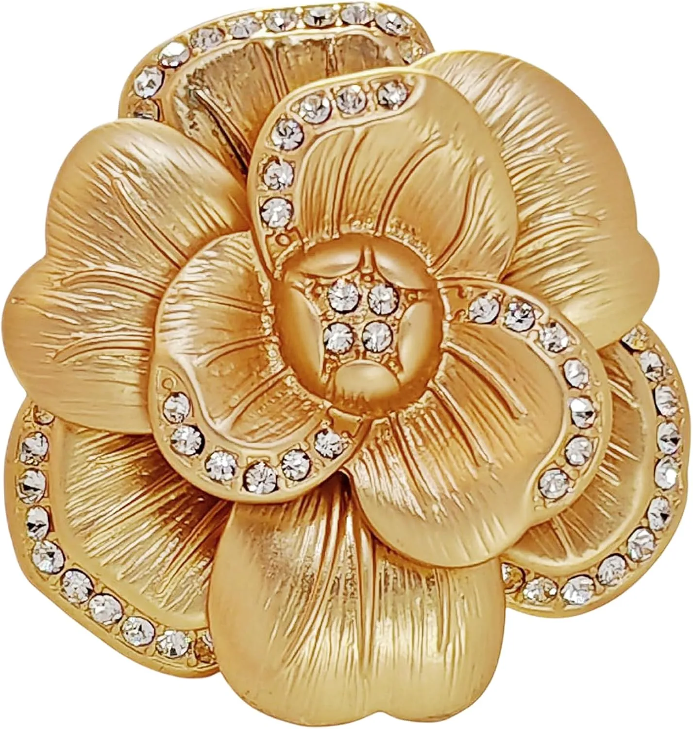 Elegancy Gold Metallic Bloom Camellia Flower Brooch Pin with Crystal Accents  Elegant Vintage Jewelry for Special Occasions