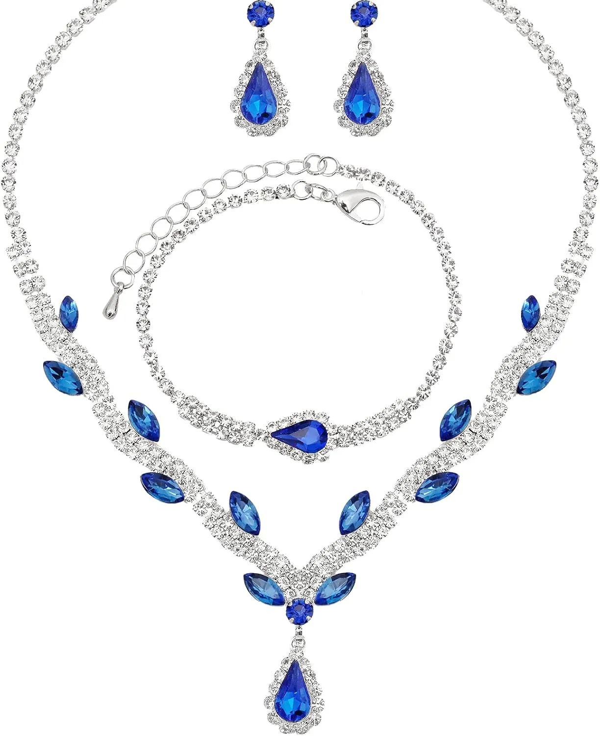 Elegant Bridal Silver Necklace Earrings Bracelet Wedding Jewelry Sets for Brides Bridesmaid Prom Costume Accessories for Women