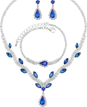 Elegant Bridal Silver Necklace Earrings Bracelet Wedding Jewelry Sets for Brides Bridesmaid Prom Costume Accessories for Women