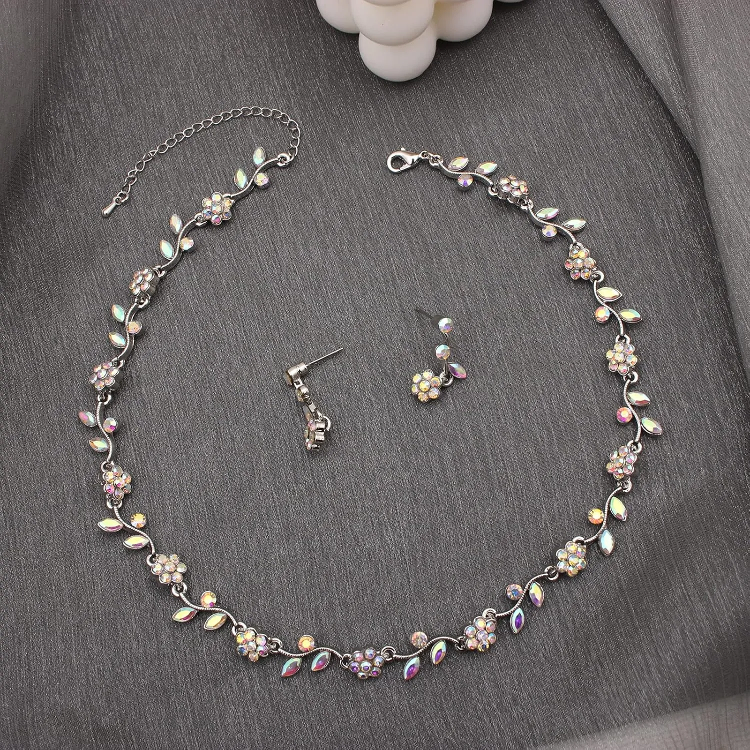 Elegant Bridal Wedding Austrian Crystal Flower Choker Necklace Dangle Earrings Bracelet Jewelry Set for Women Prom Party