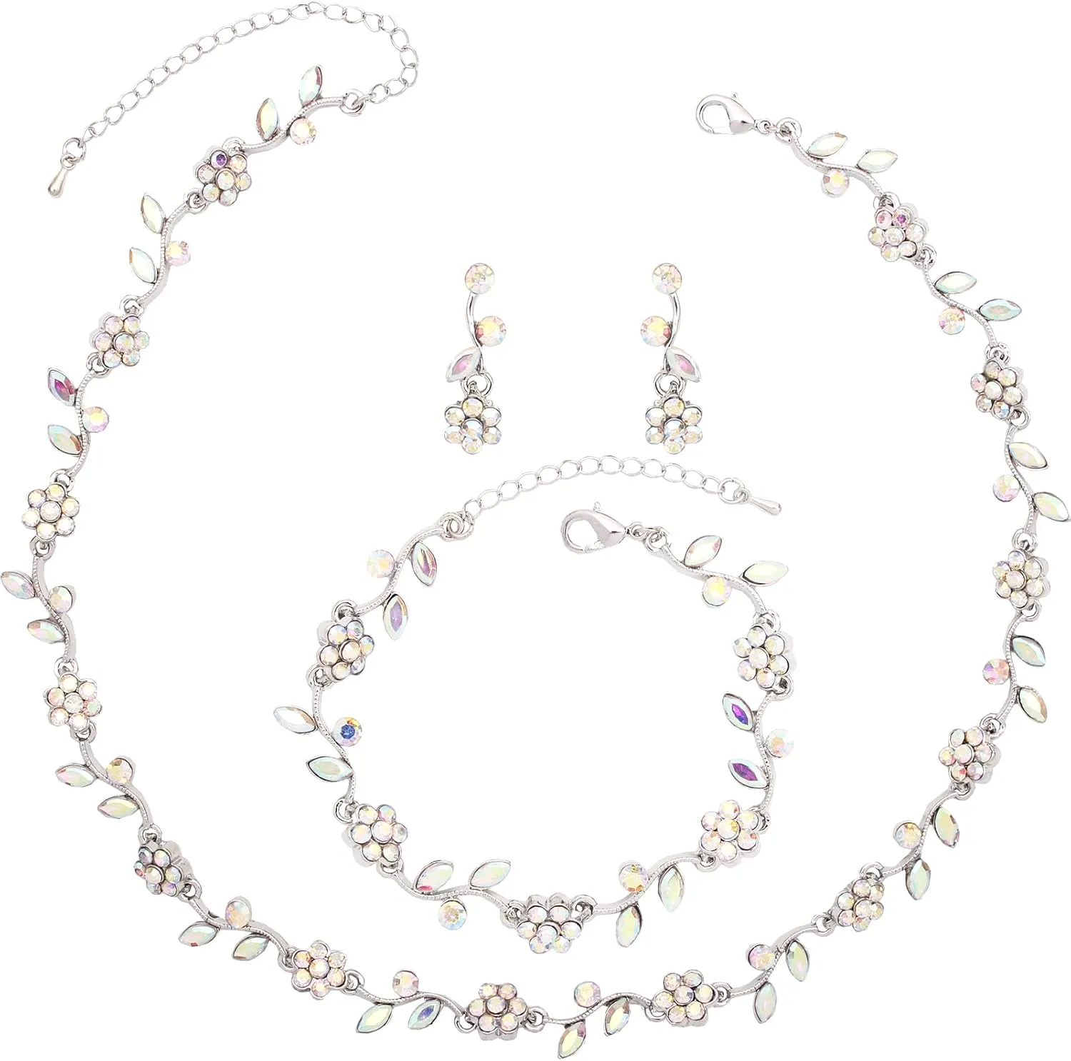 Elegant Bridal Wedding Austrian Crystal Flower Choker Necklace Dangle Earrings Bracelet Jewelry Set for Women Prom Party