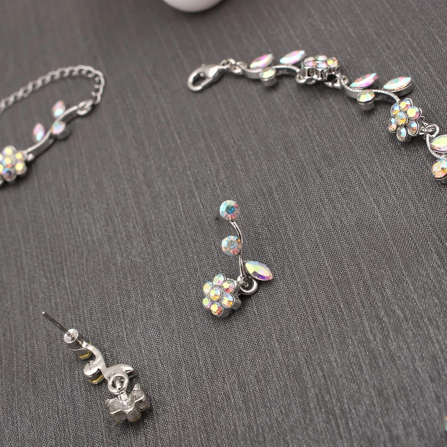 Elegant Bridal Wedding Austrian Crystal Flower Choker Necklace Dangle Earrings Bracelet Jewelry Set for Women Prom Party