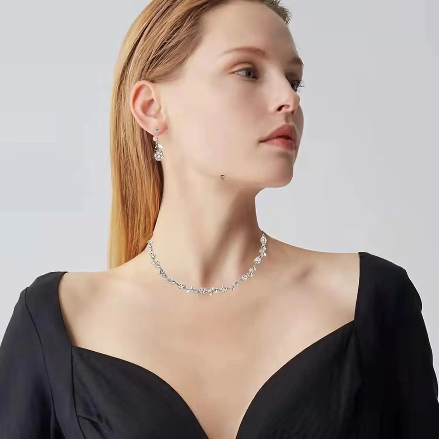 Elegant Bridal Wedding Austrian Crystal Flower Choker Necklace Dangle Earrings Bracelet Jewelry Set for Women Prom Party