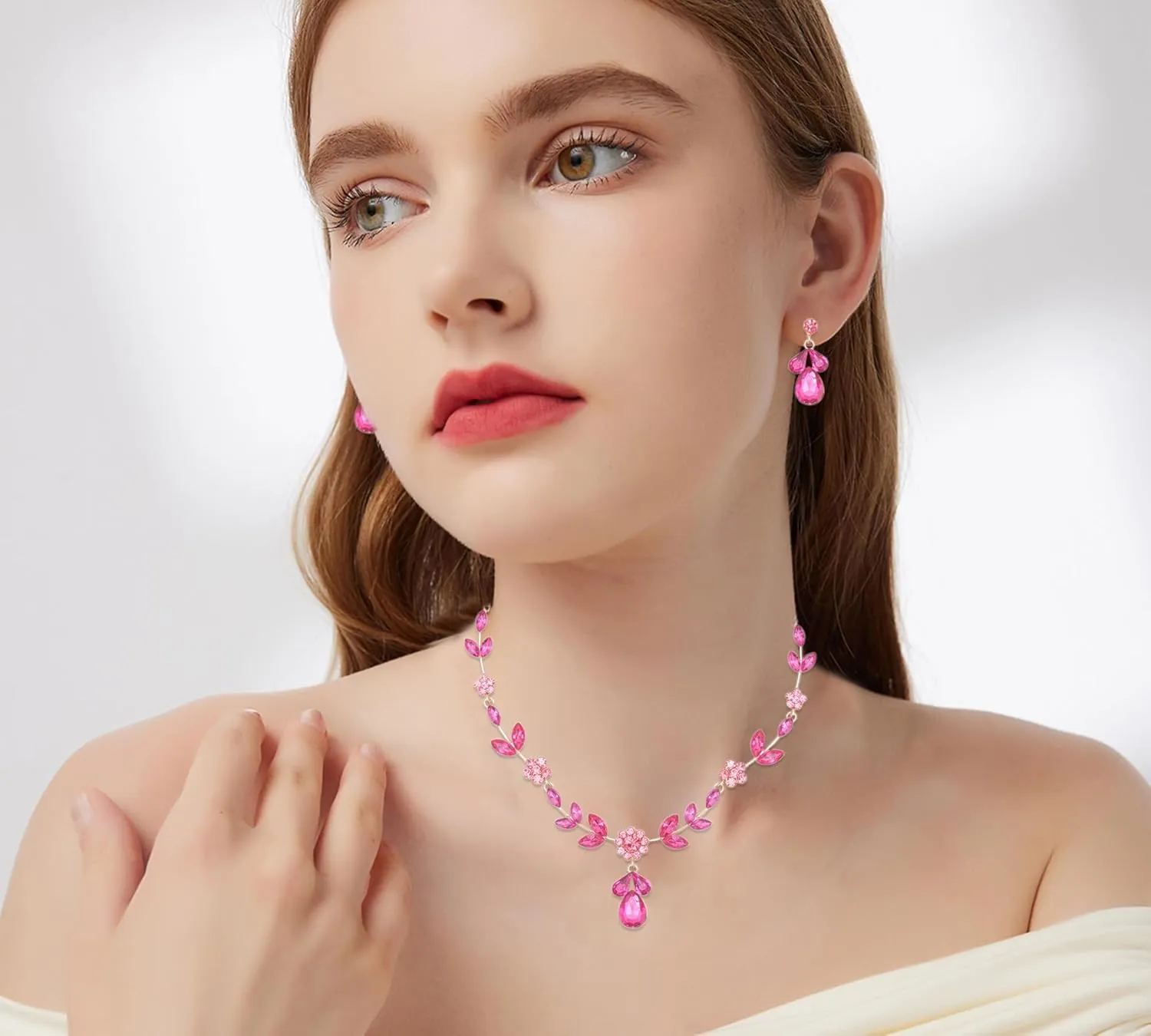 Elegant Floral Crystal Wedding Necklace Earrings Jewelry Set For Women Prom Bridal Costume Accessories Brides Necklace Sets