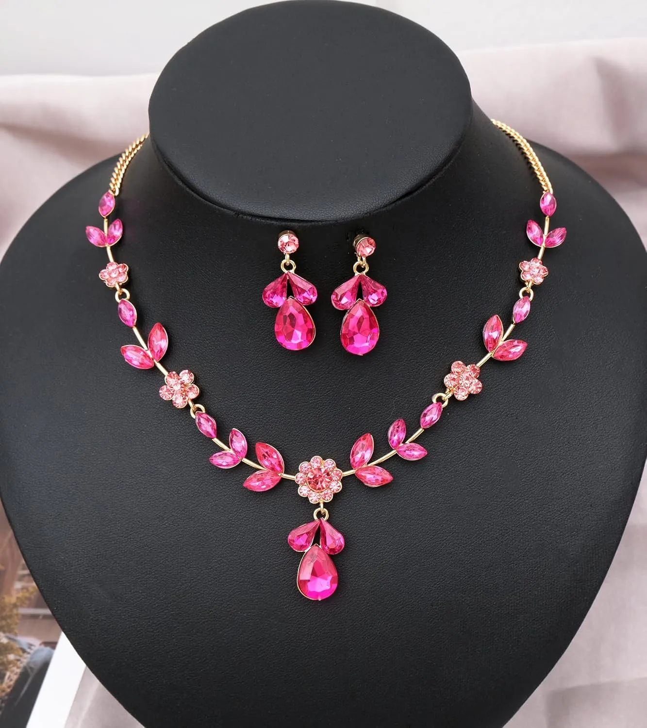 Elegant Floral Crystal Wedding Necklace Earrings Jewelry Set For Women Prom Bridal Costume Accessories Brides Necklace Sets