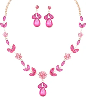 Elegant Floral Crystal Wedding Necklace Earrings Jewelry Set For Women Prom Bridal Costume Accessories Brides Necklace Sets