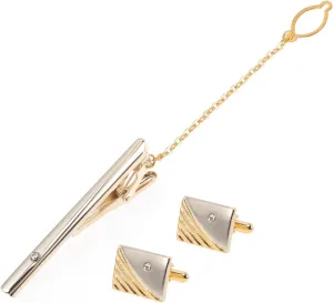 Elegant Men's Gold Cufflinks Tie Clip Set Rhinestone Necktie Clip Dad Present