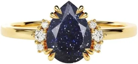 Elegant Pear-Cut Lab-Created Blue Sandstone & Diamond Solitaire Ring in 925 Sterling Silver Jewelry for Women