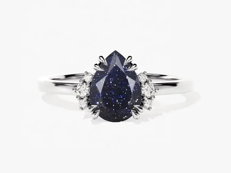 Elegant Pear-Cut Lab-Created Blue Sandstone & Diamond Solitaire Ring in 925 Sterling Silver Jewelry for Women