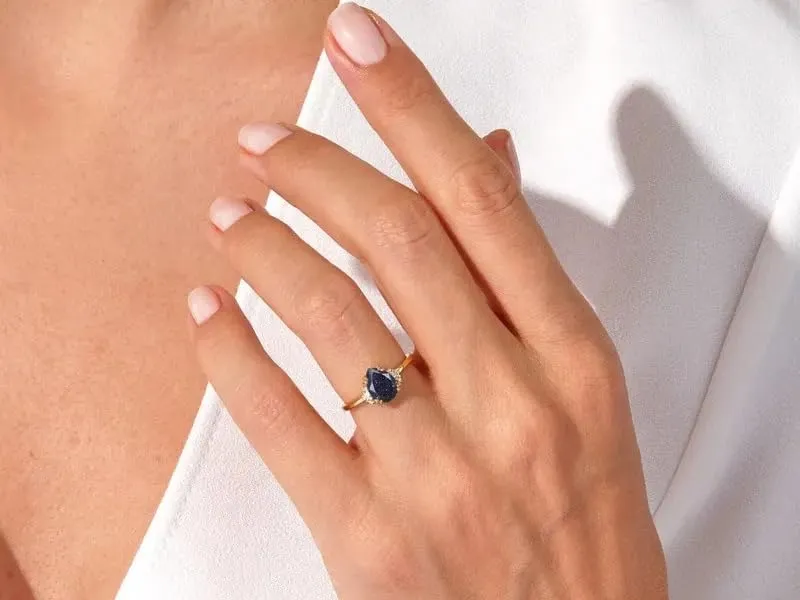 Elegant Pear-Cut Lab-Created Blue Sandstone & Diamond Solitaire Ring in 925 Sterling Silver Jewelry for Women