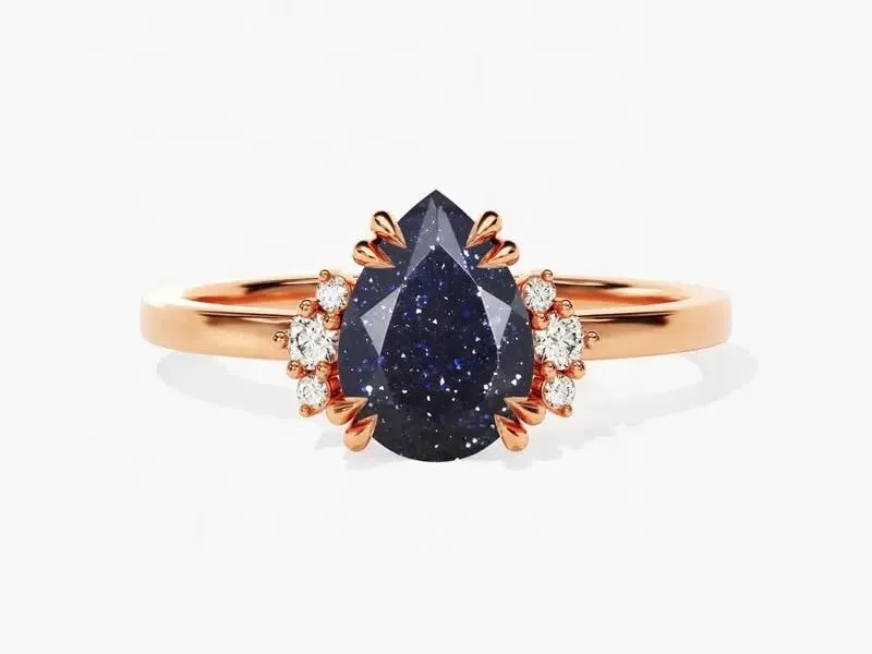 Elegant Pear-Cut Lab-Created Blue Sandstone & Diamond Solitaire Ring in 925 Sterling Silver Jewelry for Women