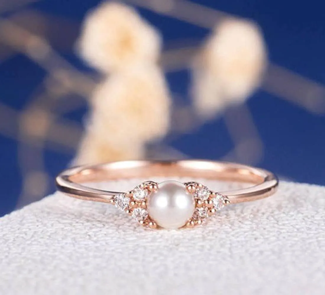 Elegant Pearl Ring 18k Rose Gold CZ Crystal Pearl Ring Fashion Engagement Wedding Jewelry