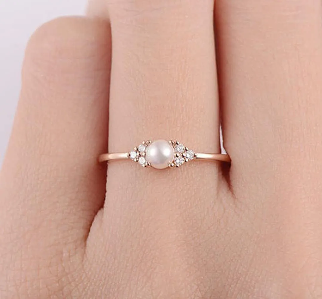 Elegant Pearl Ring 18k Rose Gold CZ Crystal Pearl Ring Fashion Engagement Wedding Jewelry