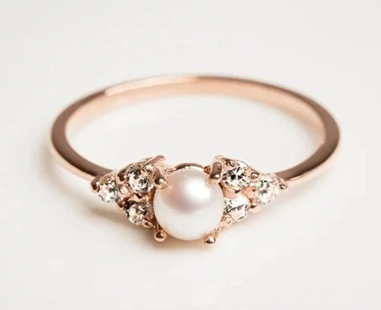 Elegant Pearl Ring 18k Rose Gold CZ Crystal Pearl Ring Fashion Engagement Wedding Jewelry