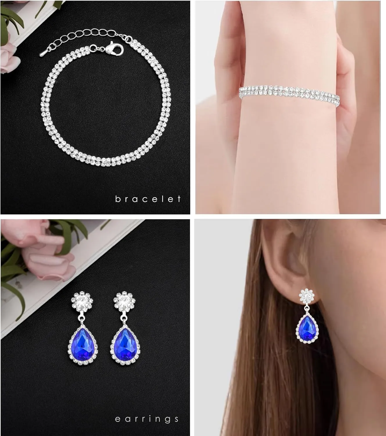 Elegant Silver Crystal Wedding Necklace Earrings Bracelet Jewelry Set for Women Brides Bridesmaids Prom Party Costume Accessory