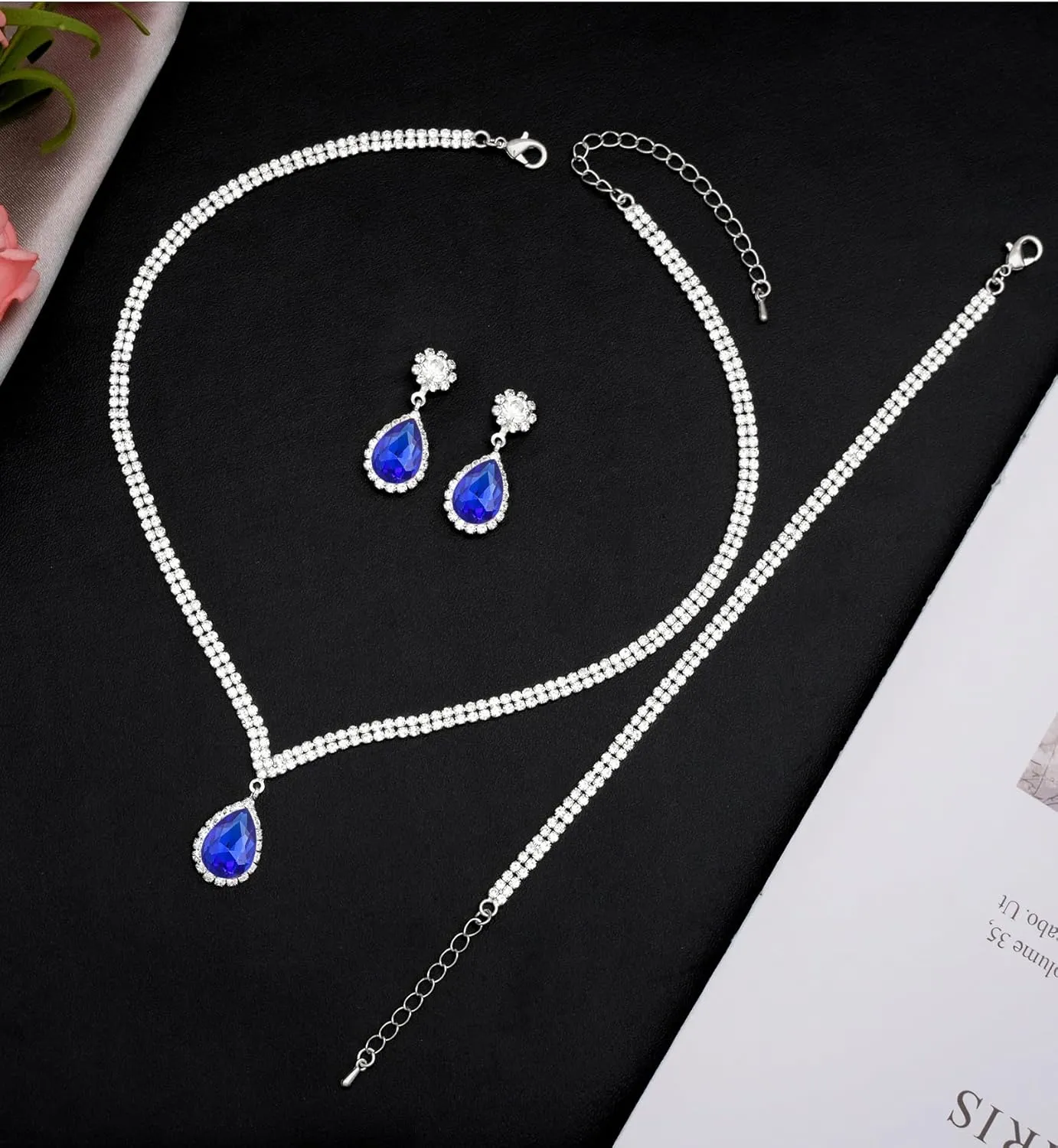 Elegant Silver Crystal Wedding Necklace Earrings Bracelet Jewelry Set for Women Brides Bridesmaids Prom Party Costume Accessory