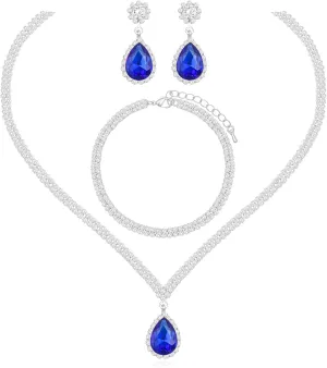 Elegant Silver Crystal Wedding Necklace Earrings Bracelet Jewelry Set for Women Brides Bridesmaids Prom Party Costume Accessory