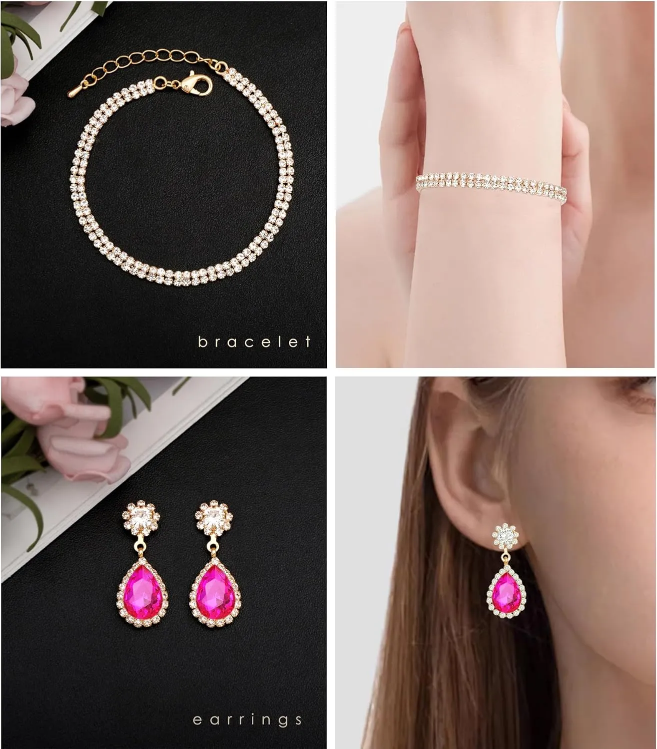 Elegant Silver Crystal Wedding Necklace Earrings Bracelet Jewelry Set for Women Brides Bridesmaids Prom Party Costume Accessory