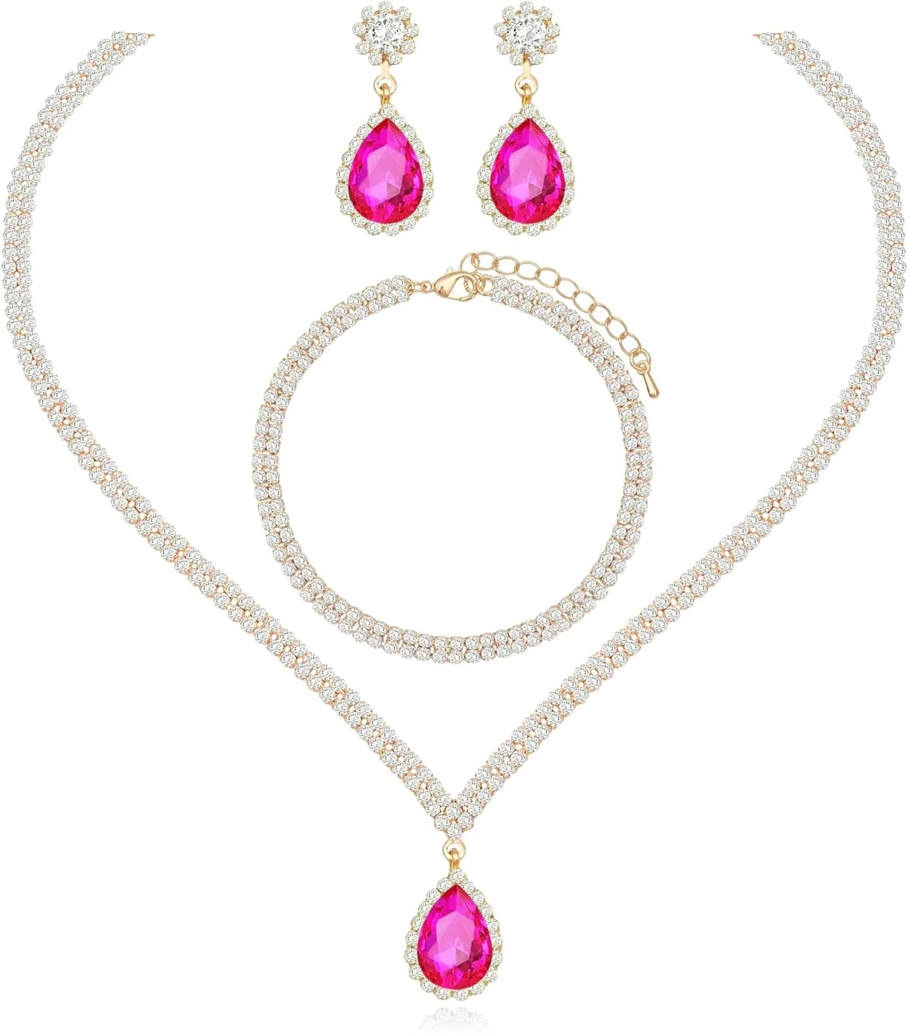 Elegant Silver Crystal Wedding Necklace Earrings Bracelet Jewelry Set for Women Brides Bridesmaids Prom Party Costume Accessory