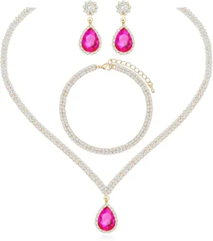 Elegant Silver Crystal Wedding Necklace Earrings Bracelet Jewelry Set for Women Brides Bridesmaids Prom Party Costume Accessory