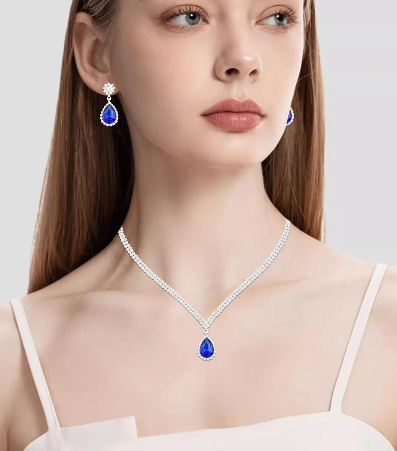 Elegant Silver Crystal Wedding Necklace Earrings Bracelet Jewelry Set for Women Brides Bridesmaids Prom Party Costume Accessory
