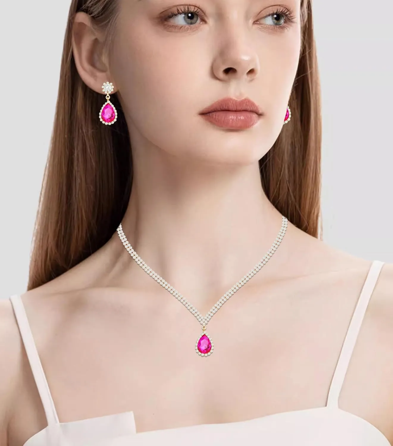 Elegant Silver Crystal Wedding Necklace Earrings Bracelet Jewelry Set for Women Brides Bridesmaids Prom Party Costume Accessory