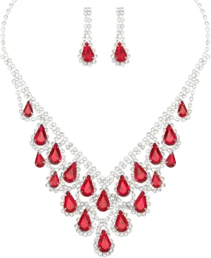 Elegant Teardrop Crystal Bib Necklace Silver Drop Earrings Set for Bride Bridesmaid Bridal Wedding Dress Jewelry Sets Accessories Women