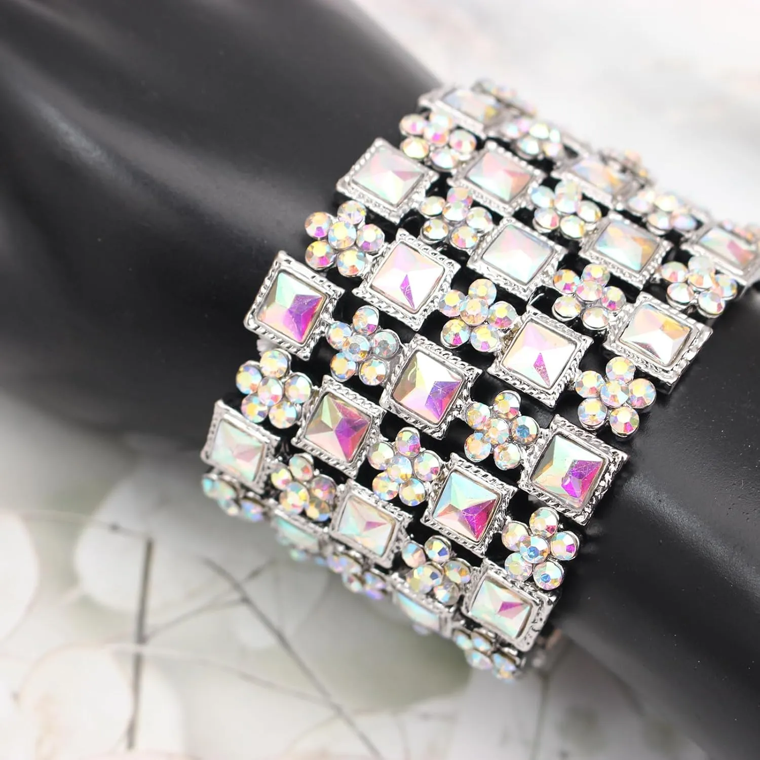 Elegant Wedding Bridal Art Deco Flower Crystal Elastic Wide Marquise Cluster Stretch Bangle Bracelet for Women