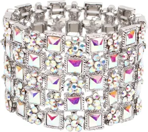 Elegant Wedding Bridal Art Deco Flower Crystal Elastic Wide Marquise Cluster Stretch Bangle Bracelet for Women