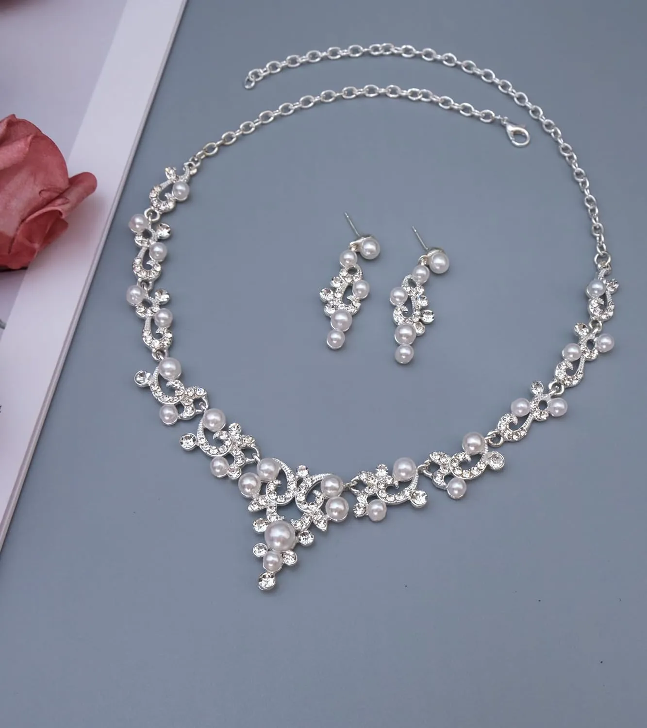 Elegant Wedding Bridal Costume Jewelry Sets Austrian Crystal Statement Necklace Dangle Earrings Set for Brides Bridesmaids