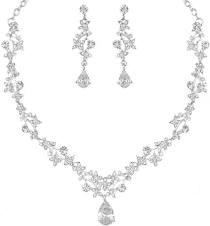 Elegant Wedding Bridal Costume Jewelry Sets Austrian Crystal Statement Necklace Dangle Earrings Set for Brides Bridesmaids