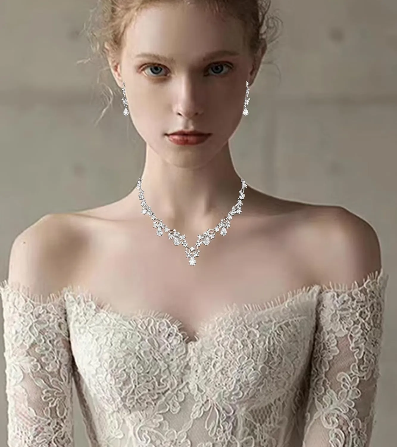 Elegant Wedding Bridal Costume Jewelry Sets Austrian Crystal Statement Necklace Dangle Earrings Set for Brides Bridesmaids
