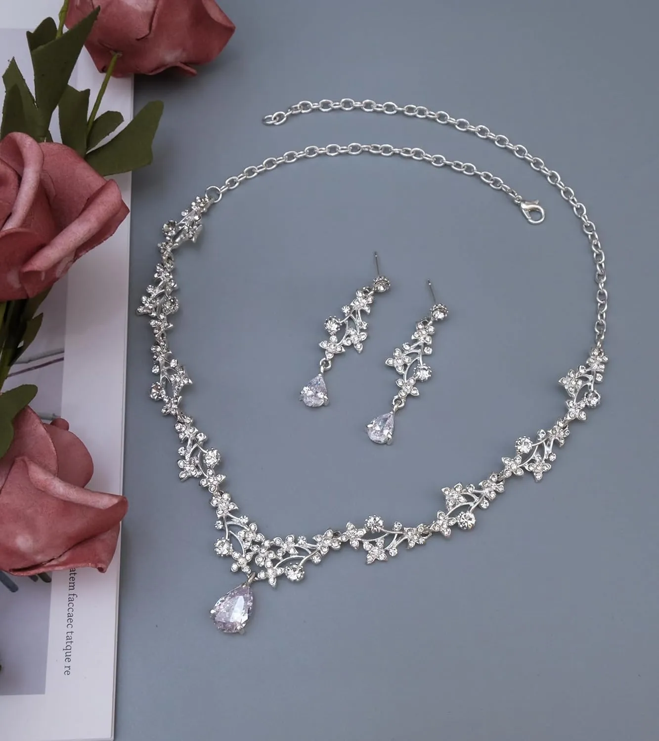 Elegant Wedding Bridal Costume Jewelry Sets Austrian Crystal Statement Necklace Dangle Earrings Set for Brides Bridesmaids