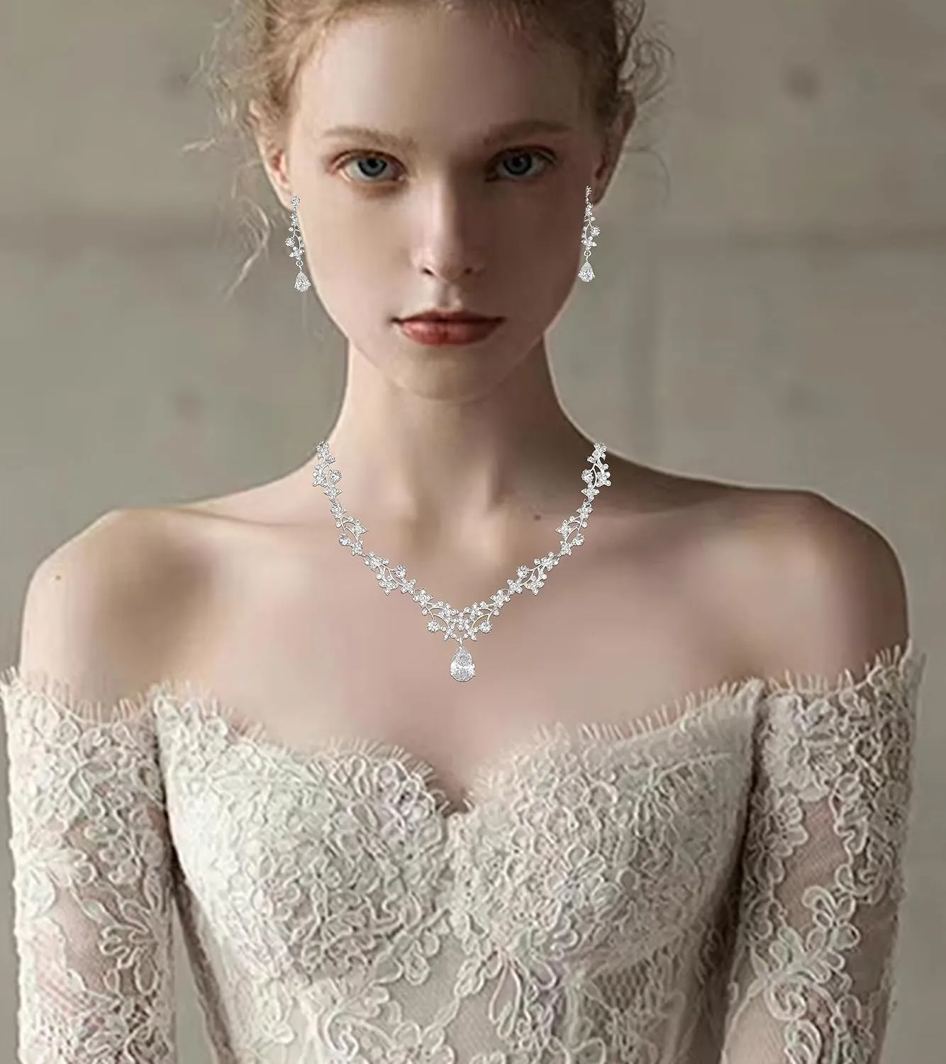 Elegant Wedding Bridal Costume Jewelry Sets Austrian Crystal Statement Necklace Dangle Earrings Set for Brides Bridesmaids