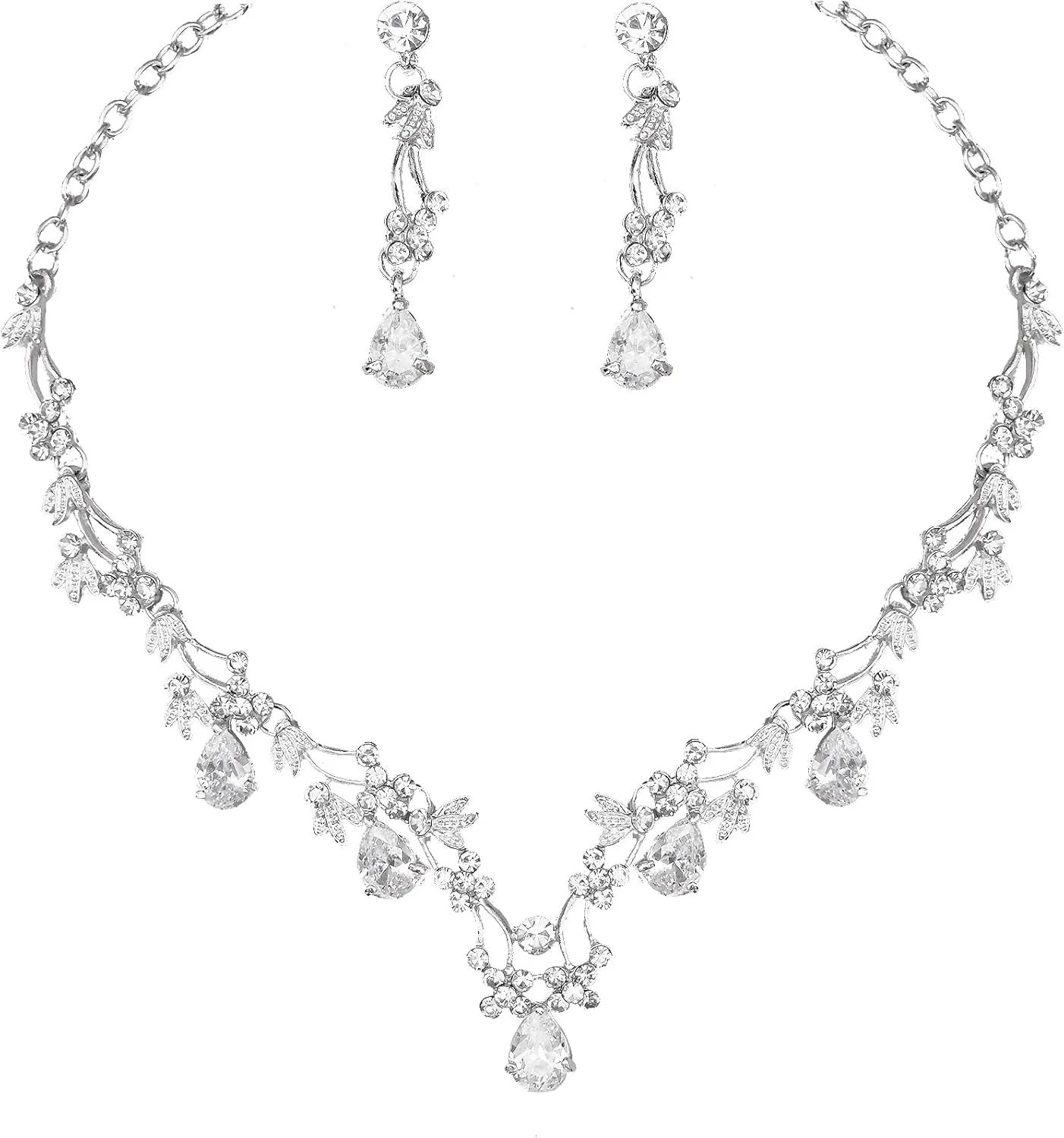Elegant Wedding Bridal Costume Jewelry Sets Austrian Crystal Statement Necklace Dangle Earrings Set for Brides Bridesmaids