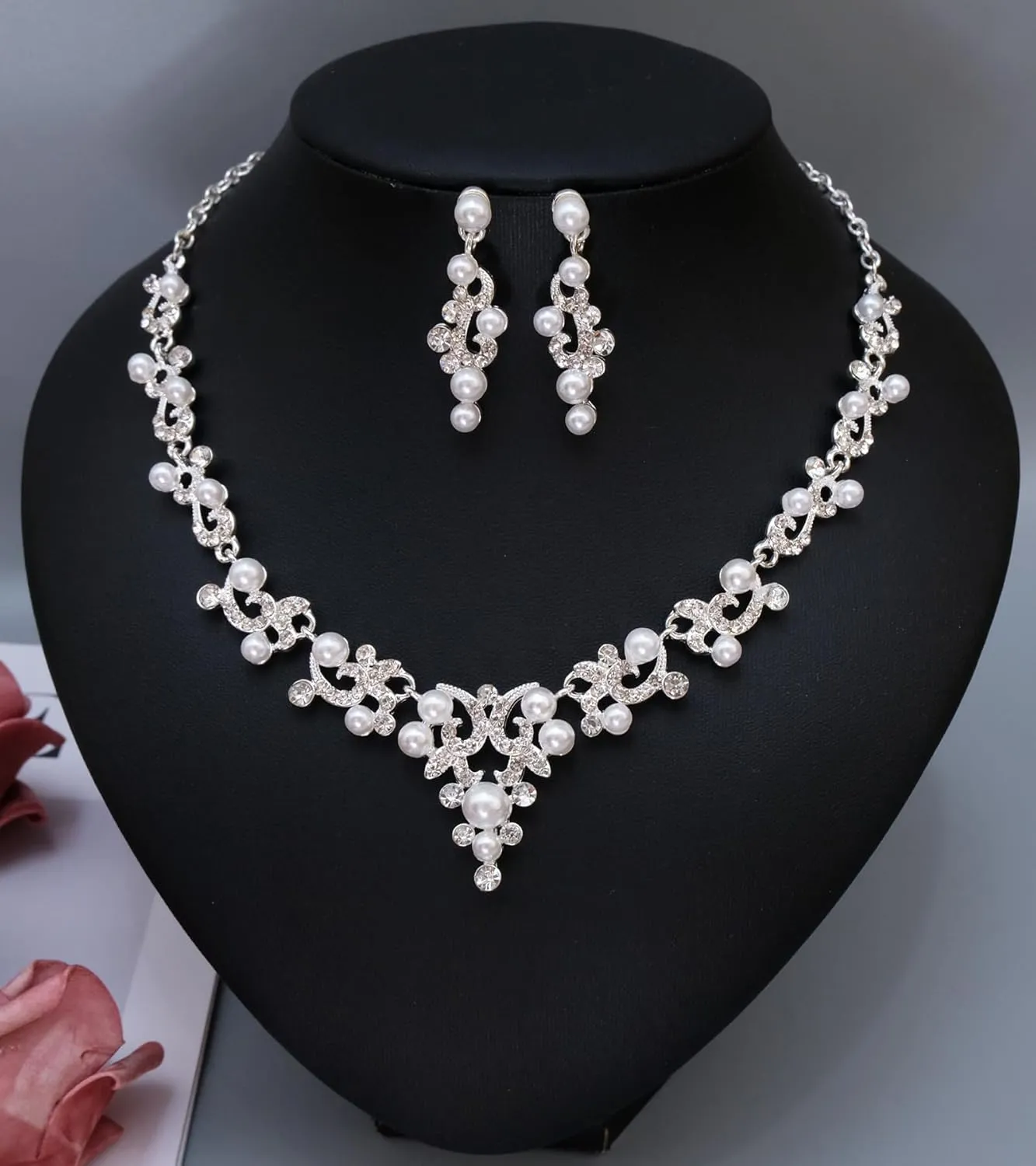 Elegant Wedding Bridal Costume Jewelry Sets Austrian Crystal Statement Necklace Dangle Earrings Set for Brides Bridesmaids