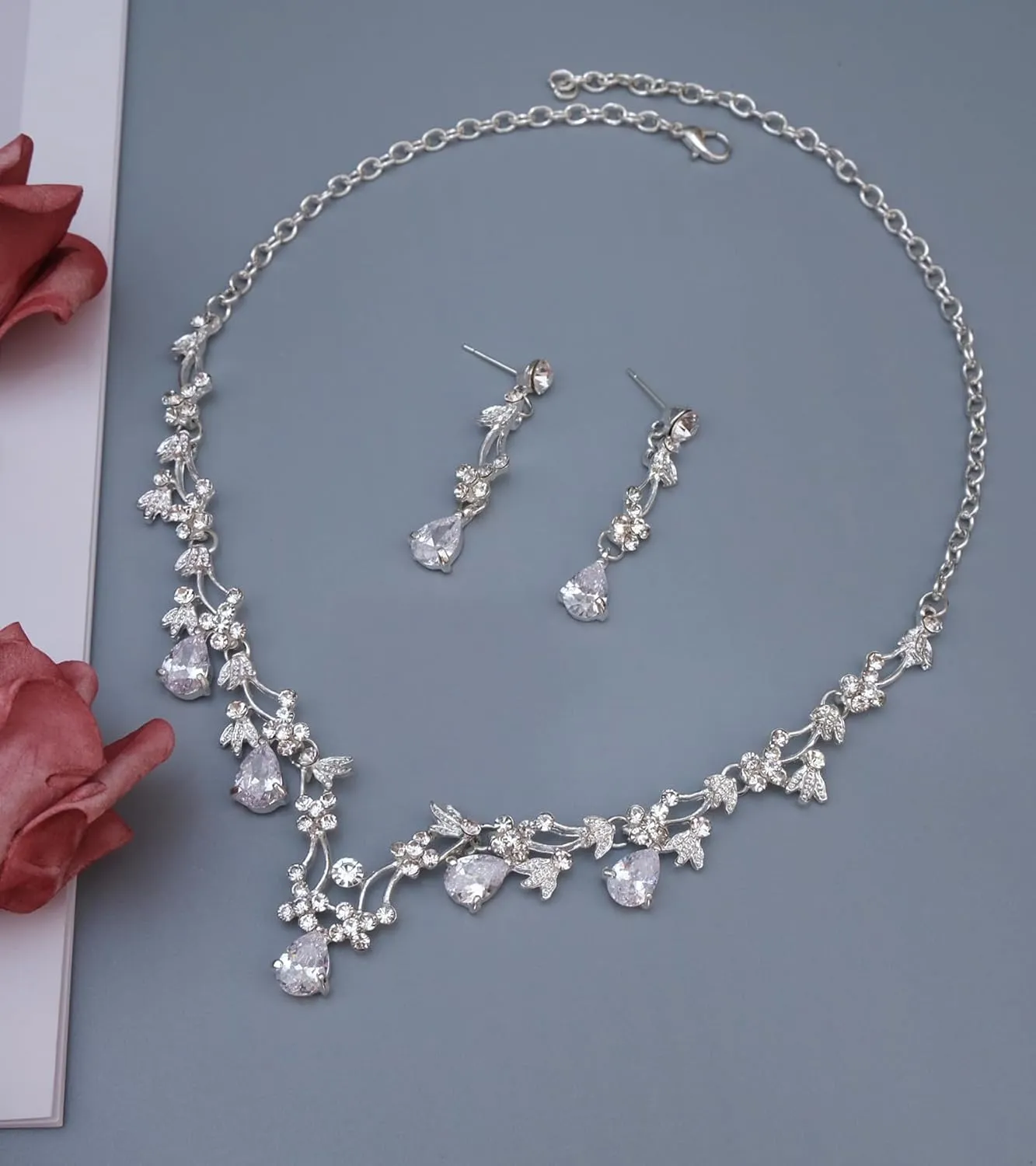 Elegant Wedding Bridal Costume Jewelry Sets Austrian Crystal Statement Necklace Dangle Earrings Set for Brides Bridesmaids
