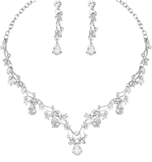 Elegant Wedding Bridal Costume Jewelry Sets Austrian Crystal Statement Necklace Dangle Earrings Set for Brides Bridesmaids