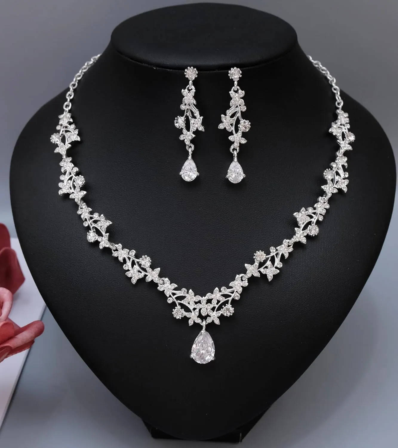 Elegant Wedding Bridal Costume Jewelry Sets Austrian Crystal Statement Necklace Dangle Earrings Set for Brides Bridesmaids