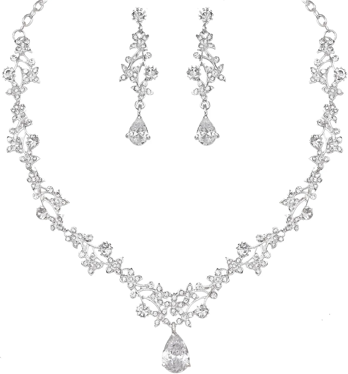 Elegant Wedding Bridal Costume Jewelry Sets Austrian Crystal Statement Necklace Dangle Earrings Set for Brides Bridesmaids