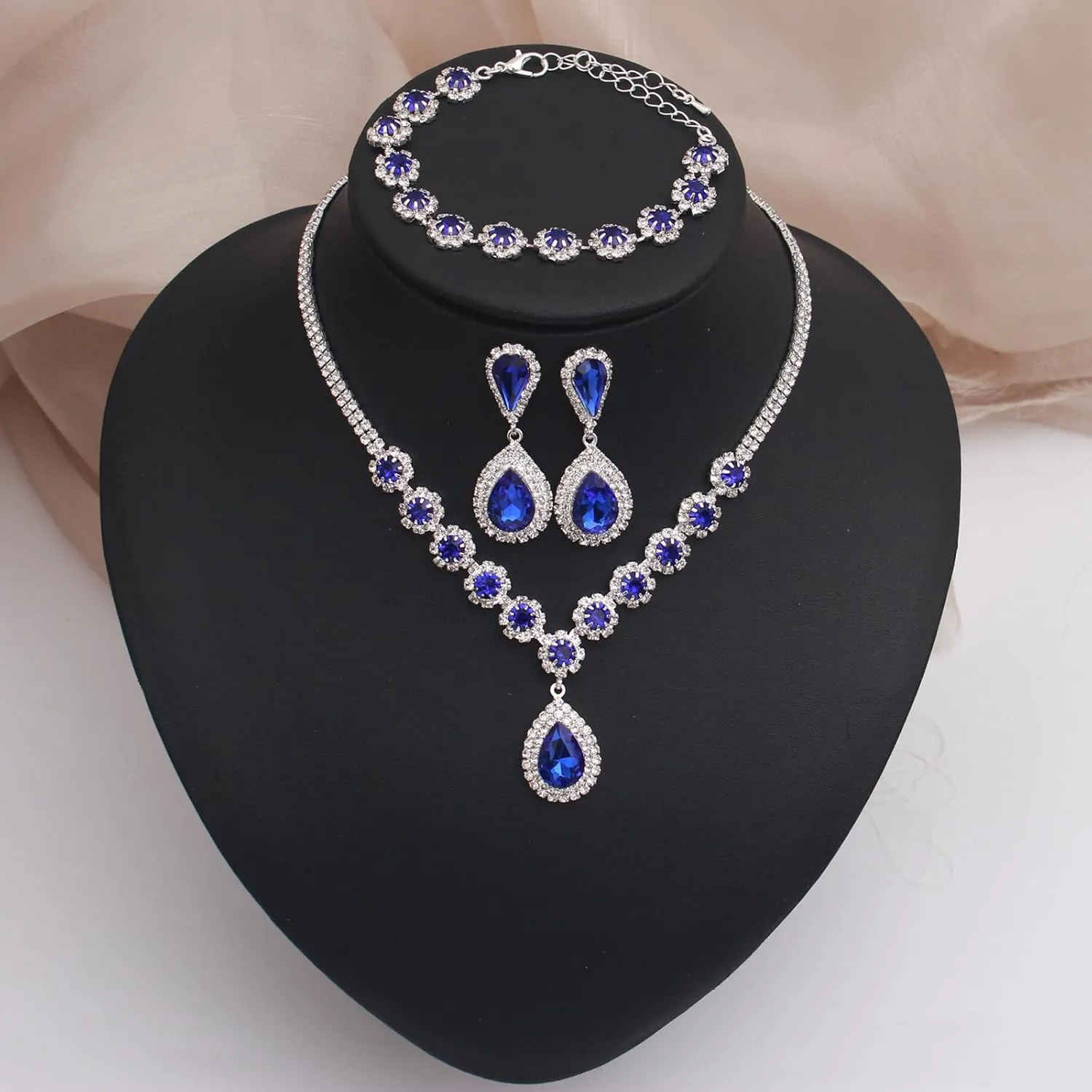 Elegant Wedding Bridal Silver Crystal Necklace Dangle Earring Bracelet Bridesmaids Prom Costume Accessories Jewelry Set for Women